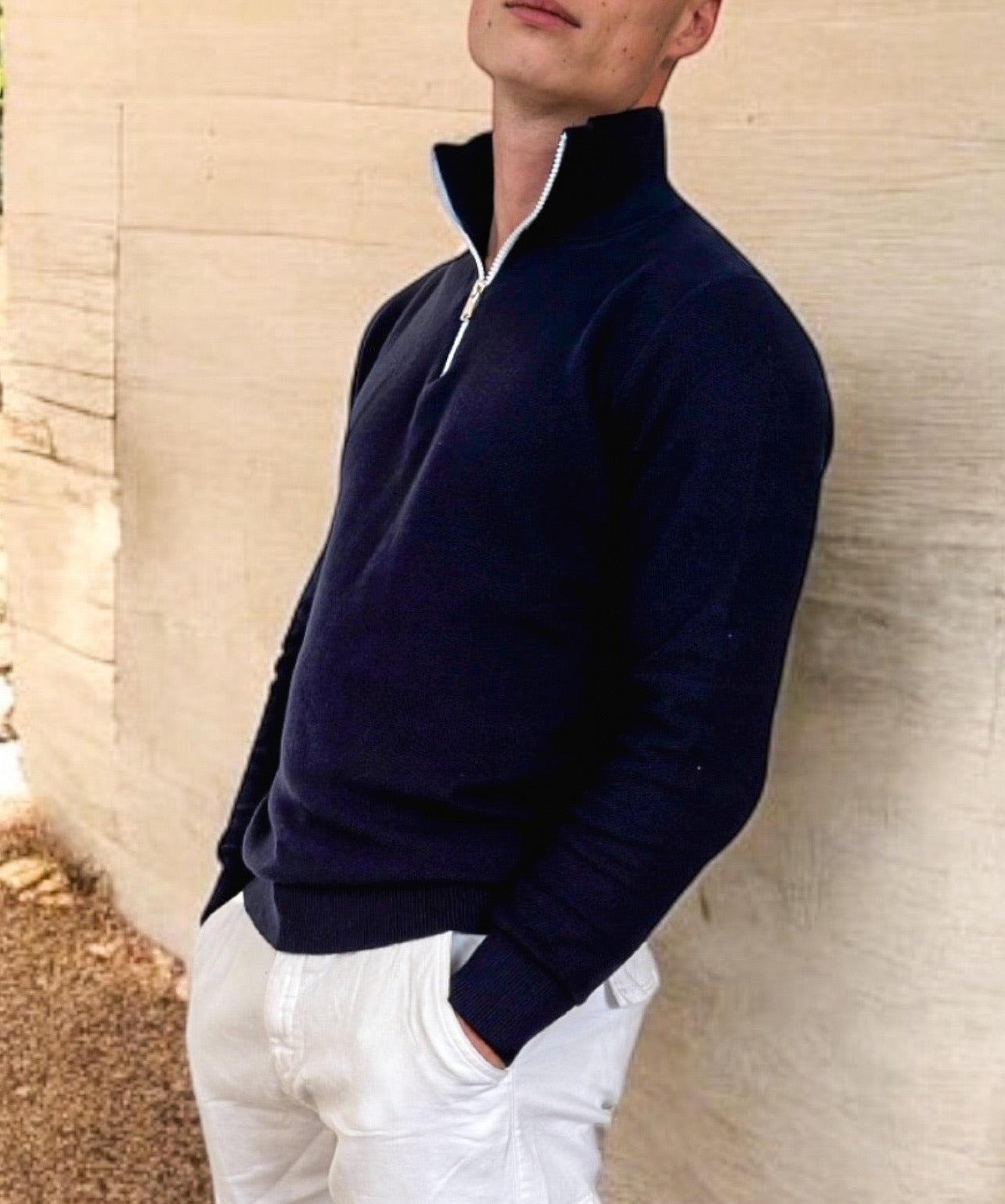Pull Bleu avec Zip Coton piqué