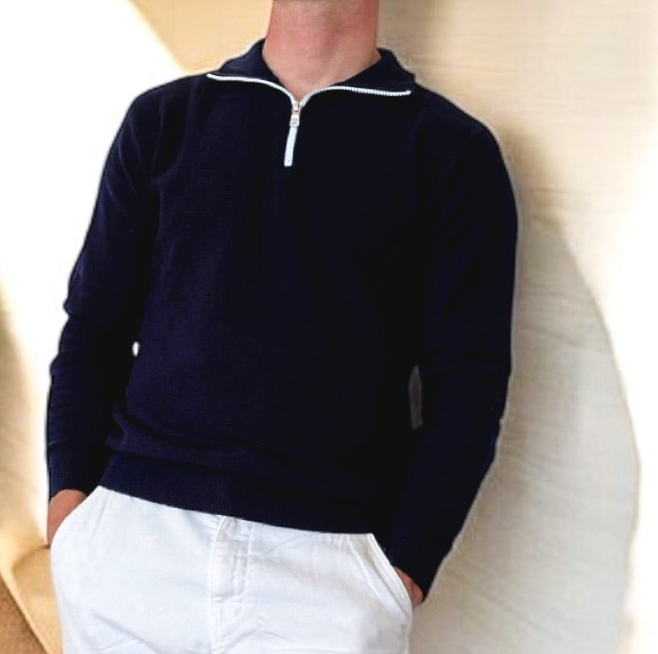 Pull Bleu avec Zip Coton piqué
