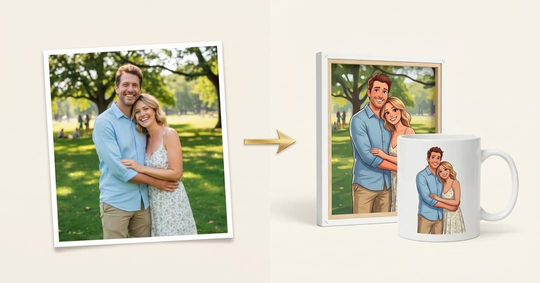 Une photo de couple, puis la même scène redessinée et imprimée sur un tableau toile et sur un mug blanc