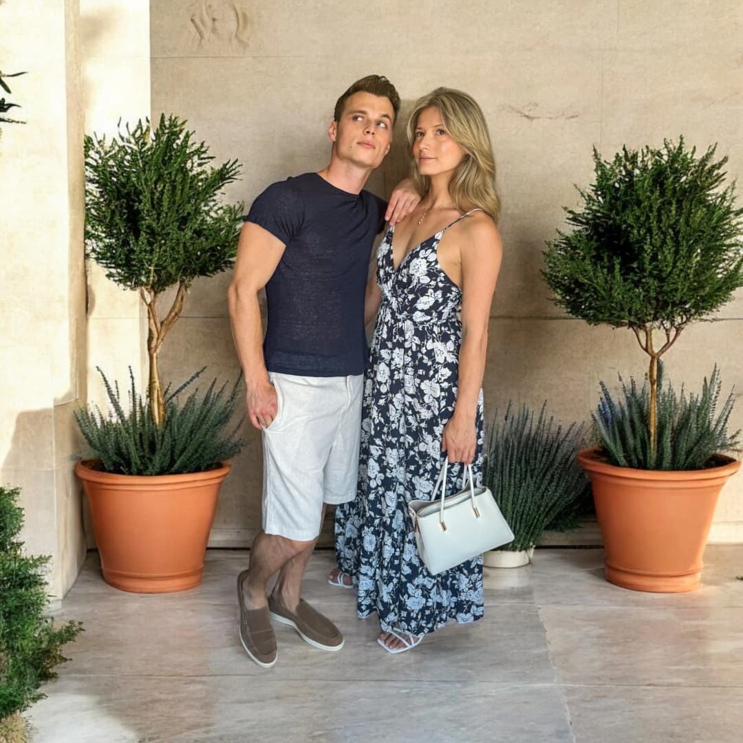 Couple entre deux arbustes en pots de terre cuite, elle en robe longue fleurie bleu marine à fines bretelles, lui en t-shirt bleu marine et bermuda blanc