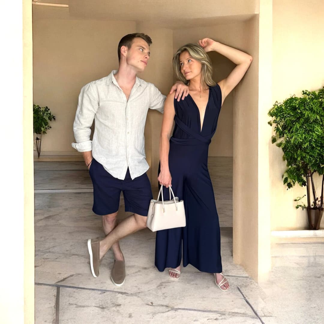 Couple debout dans une niche de mur beige, elle en combinaison bleu marine décolletée avec un sac blanc, lui en chemise de lin claire et bermuda marine