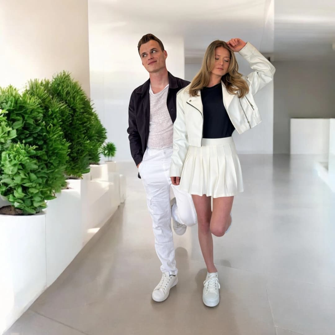 Couple dans un couloir clair bordé de plantes, elle en jupe plissée blanche et blouson blanc, lui en pantalon blanc et veste foncée