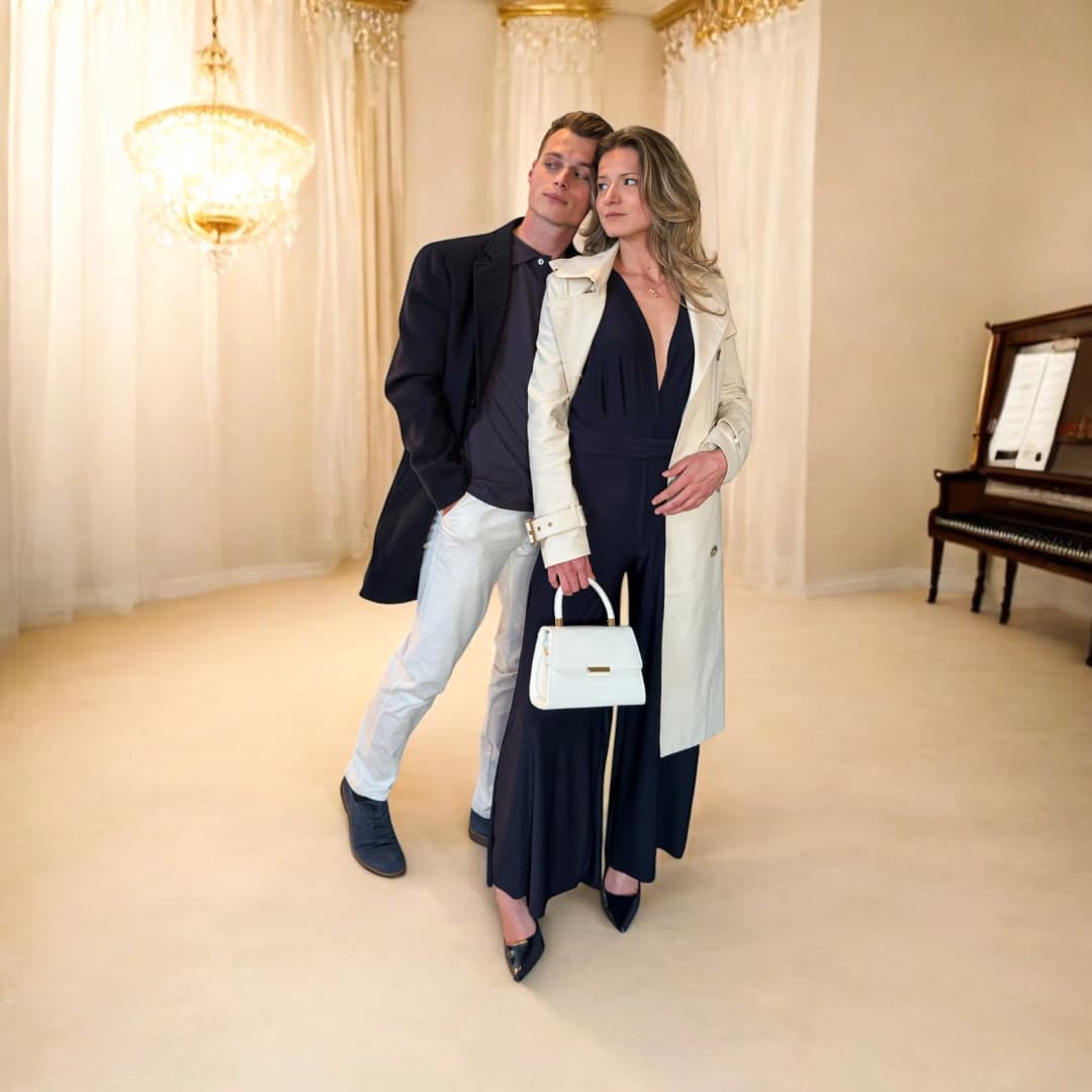 Couple debout dans un salon clair, elle en combinaison sombre sous un long manteau blanc avec un sac blanc, lui en manteau sombre et pantalon blanc