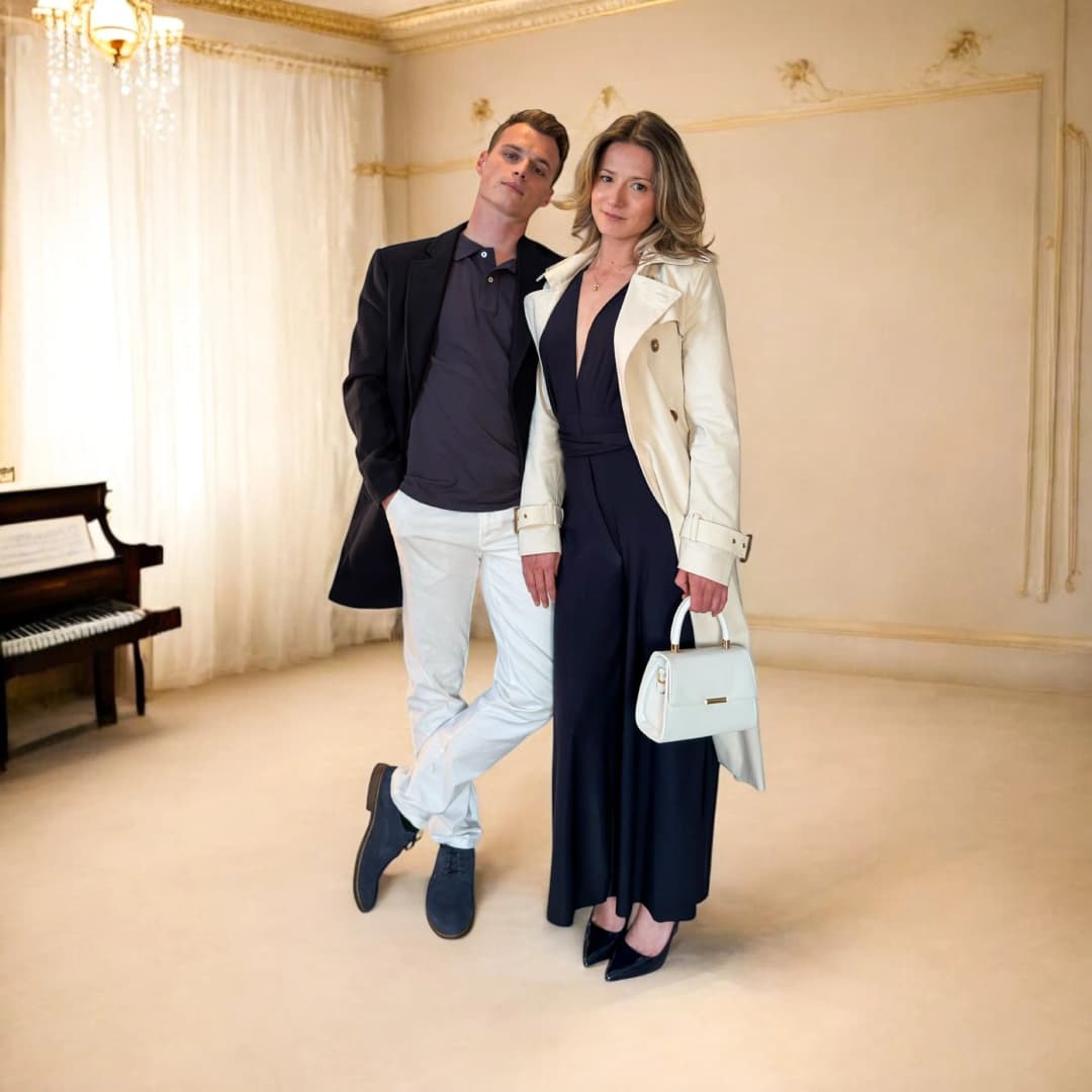 Couple dans un salon clair, lui en manteau sombre et pantalon blanc, elle en combinaison bleu marine sous un long manteau clair ceinturé