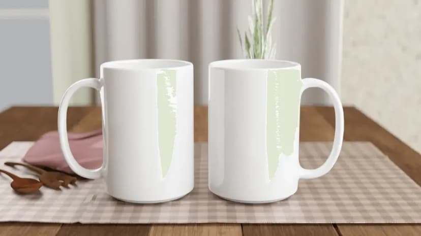 Deux mugs blancs en céramique posés côte à côte sur une table, avant impression