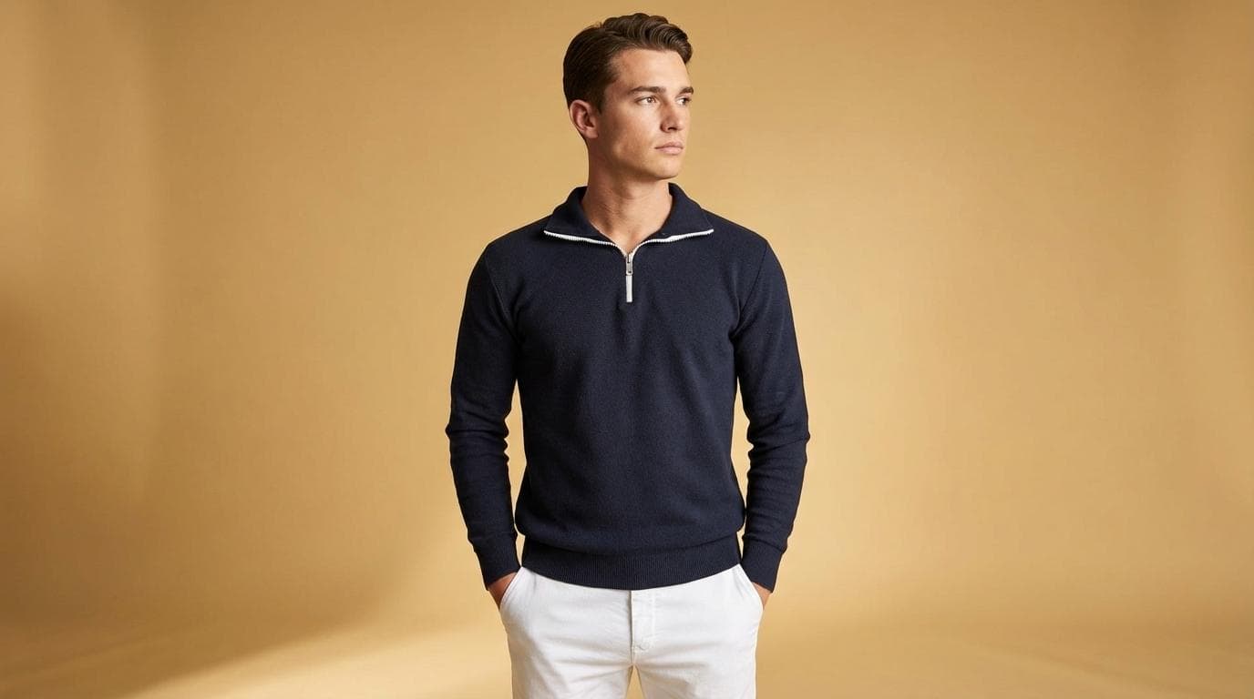 Pull Bleu avec Zip Coton piqué - 1