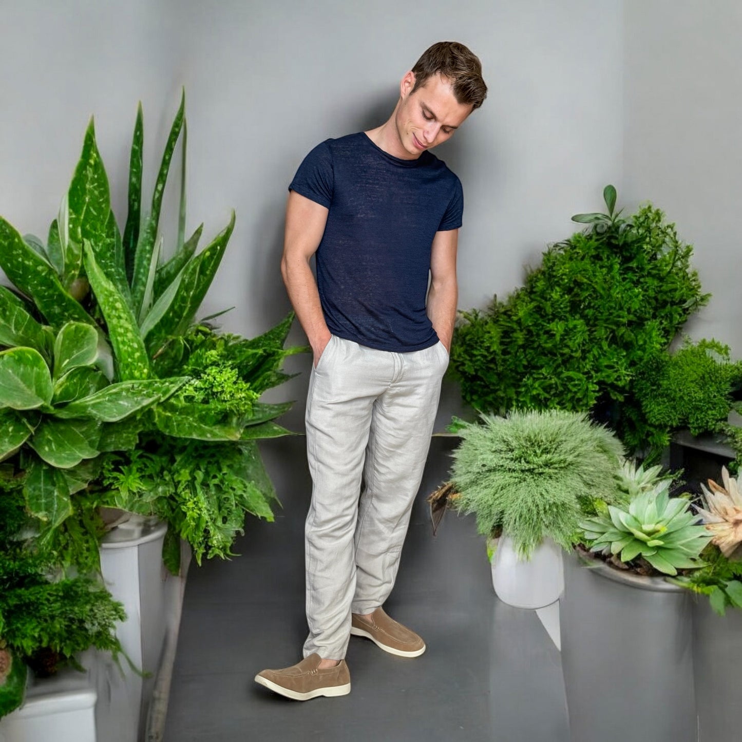 T-shirt Col Rond 100 % Lin – Bleu Marine