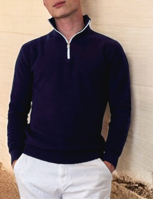 Pull Bleu avec Zip Coton piqué