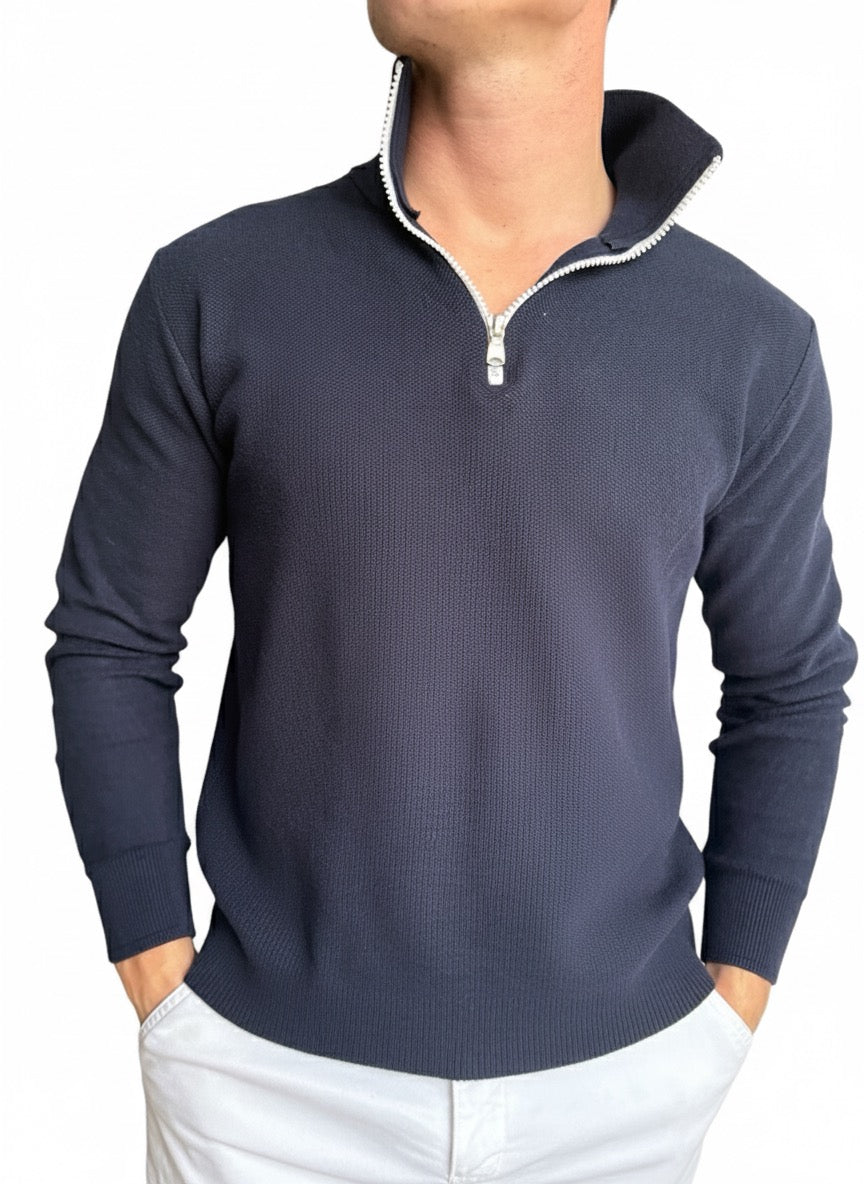 Pull Bleu avec Zip Coton piqué