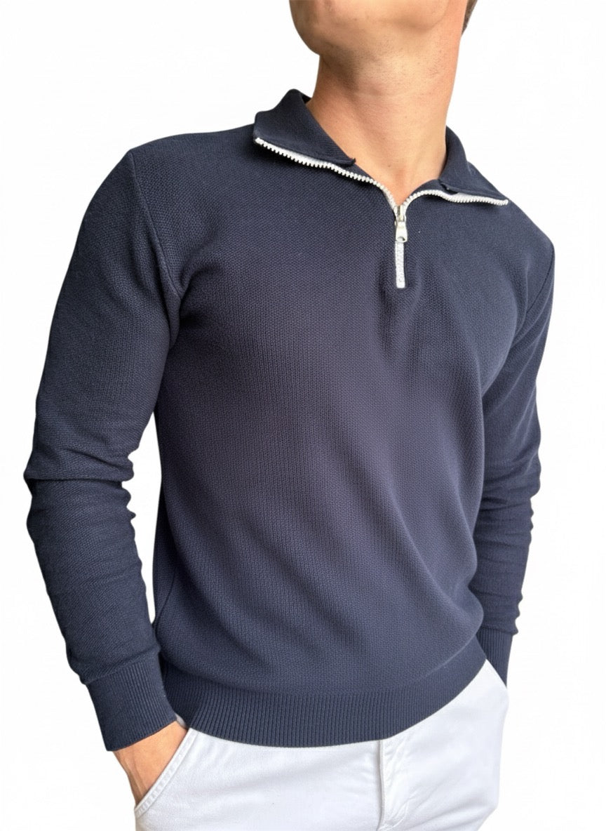 Pull Bleu avec Zip Coton piqué