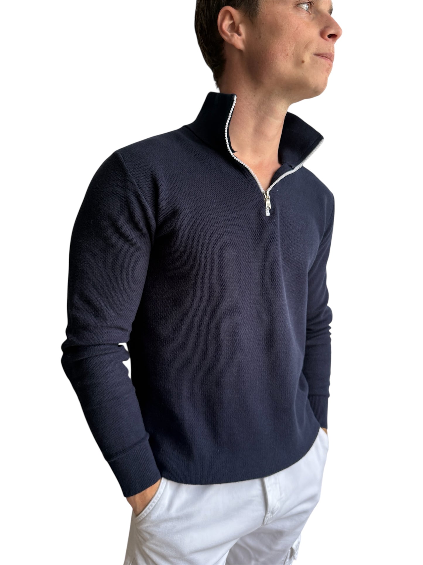 Pull Bleu avec Zip Coton piqué