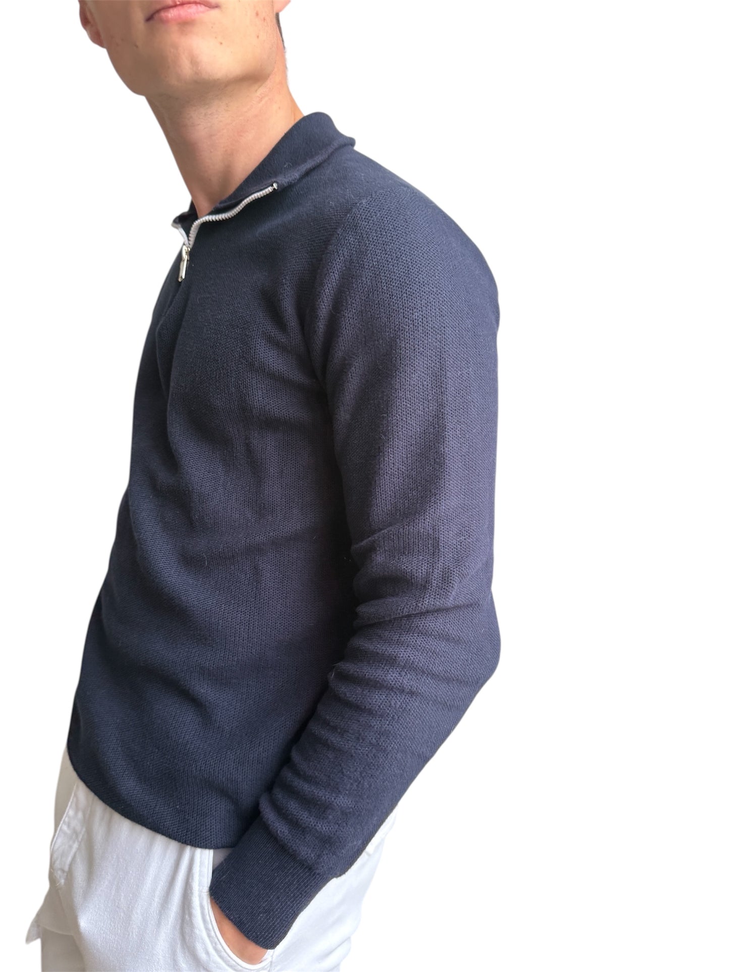 Pull Bleu avec Zip Coton piqué